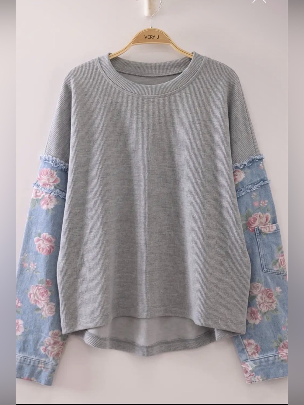Denim vintage rose floral sleeve contrast sweatshirt boho sweater jacket top